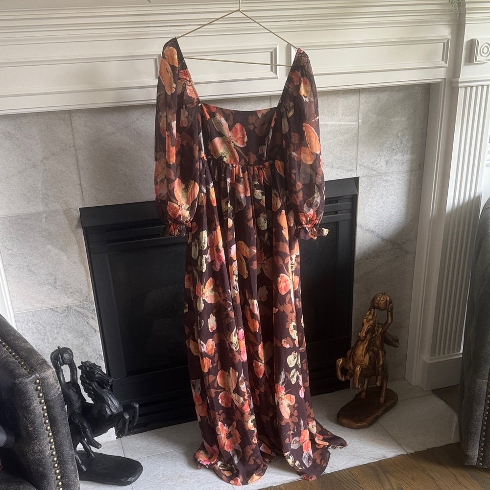 Storia Long Sleeve Floral Dress - Orange and Brown